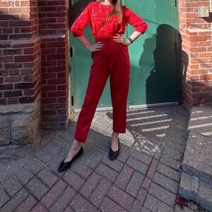 Vintage Nu-Mode 70s 80s Bright Red Jumpsuit belted paisley print satin M glam